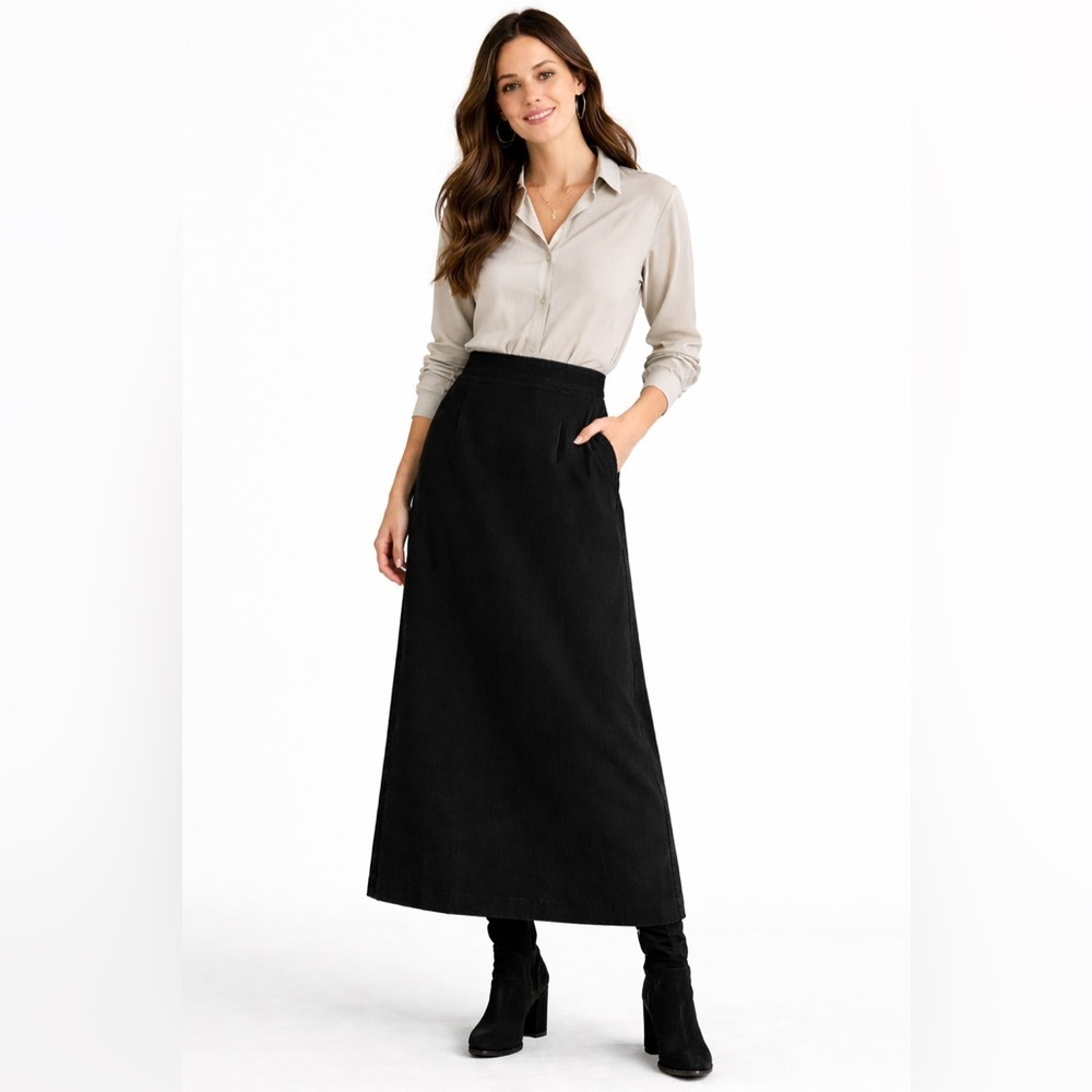 Vintage Laura Ashley Black Maxi Skirt Cotton Blend Pockets Minimalist Size 10